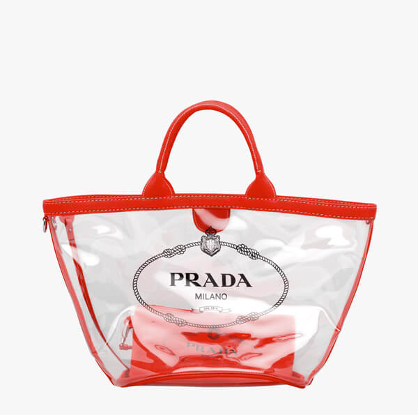 PRADA 1BG166 ショッピングバッグ 透明 赤 Prada Transparent Vinyl and Red Canvas Logo Beach Tote Bag