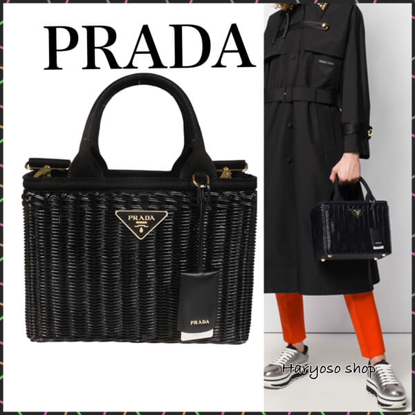 希少！【 PRADA 】 ウィッカー キャンバス カゴバッグ ブラック
