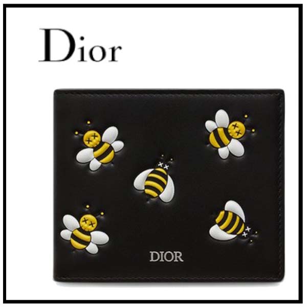 DIORディオール イエロービー レザー折りたたみ財布 ブラック2112603