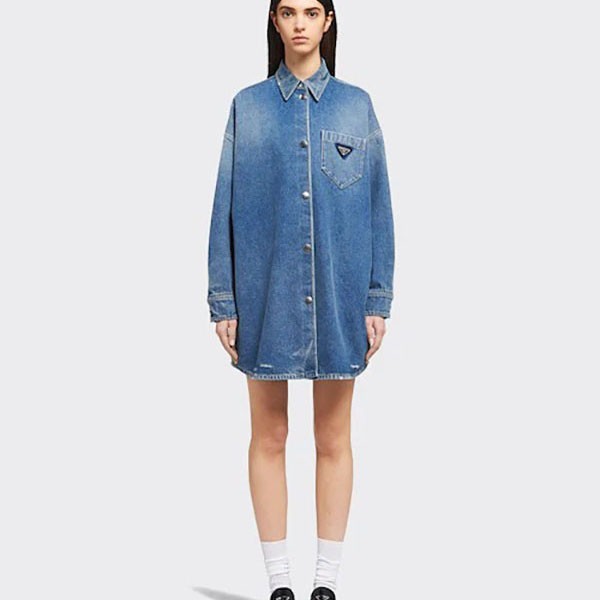 ◆PRADA 最新作◆デニム コットン オーバーサイズ シャツ/blue◆ PRADA 美品/国内正規/21年製 プラダ GFC036 ロゴプレート
