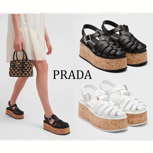 美品★プラダPRADA ウェッジ　サンダル38.5/24.0-24.5cm PRADA プラダ サンダル ウェッジ ソフトパデット #36.5 黒