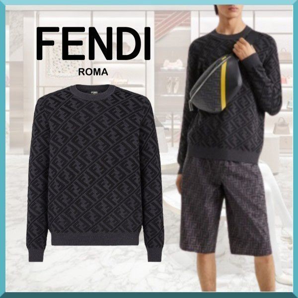 FENDI フェンディ　ロゴ刺繍　長袖　ニットセーター　ストライプ柄　ブラック系 FENDI フェンディ ロゴ刺繍 長袖 ニットセーター ストライプ柄