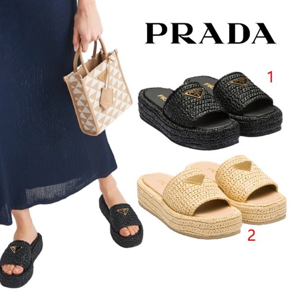 【PRADA】ロゴ付き ラフィア フラットフォームサンダル/ 各色 すぐ届【プラダ コピー】ラフィア フラットフォームサンダル