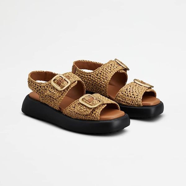 【TOD'S】夏にぴったり!レザーラフィア サンダル ロゴ ブラウン トッズ スーパーコピー レザー ロゴ ラフィア サンダル 2色