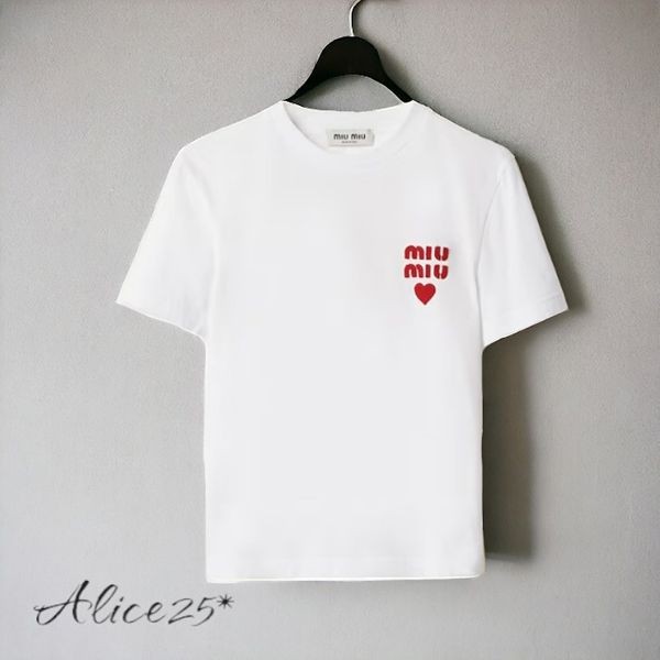 ☆人気☆【MIU MIU】☆刺繍ロゴコットンジャージーTシャツ☆ ミュウミュウ 刺繍ロゴ入りコットンジャージーTシャツ MJN522